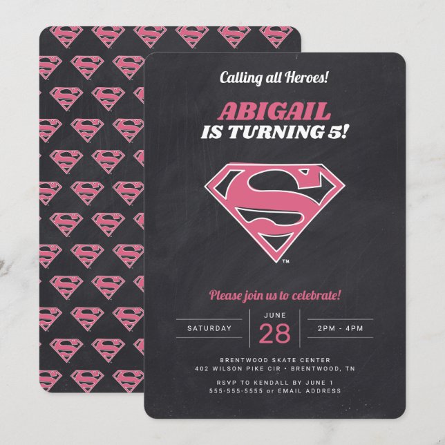 Supergirl Logotyp Girls Chalkboard Birthday Inbjudningar (Fram/baksida)