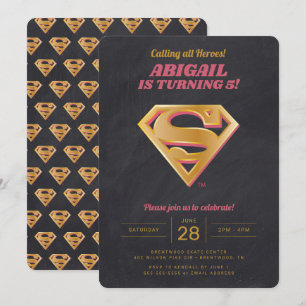 Supergirl Logotyp Rosa och Guld Chalkboard Birthda Inbjudningar
