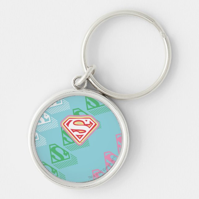Supergirl Pastel Repeat Mönster Rund Silverfärgad Nyckelring (Framsidan)