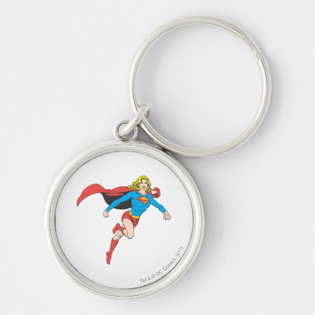 Supergirl Pose 1 Rund Silverfärgad Nyckelring (Framsidan)
