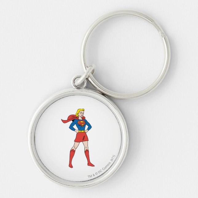 Supergirl Pose 7 Rund Silverfärgad Nyckelring (Framsidan)