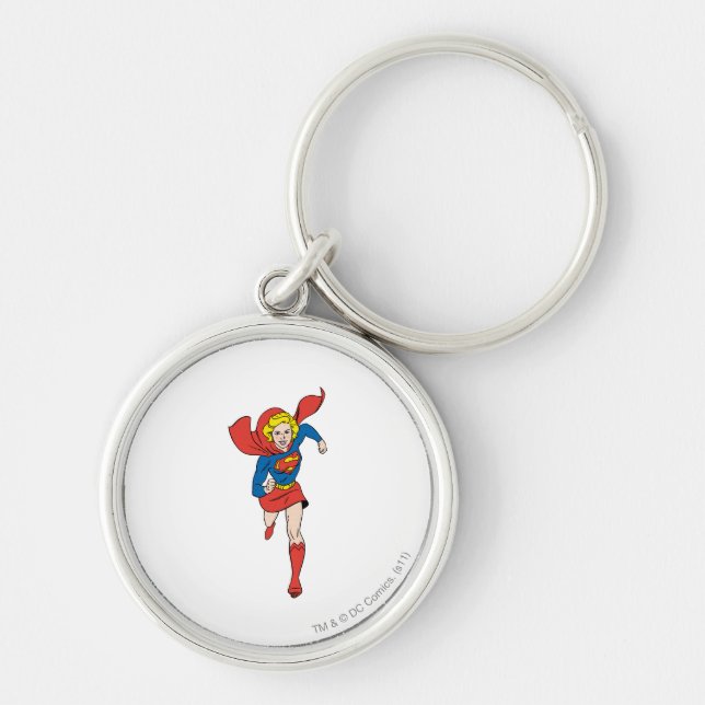 Supergirl Pose 8 Rund Silverfärgad Nyckelring (Framsidan)