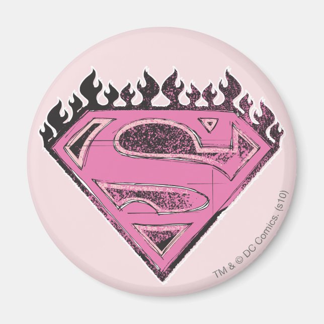 Supergirl Rosa Logotyp med Flames Magnet (Framsidan)