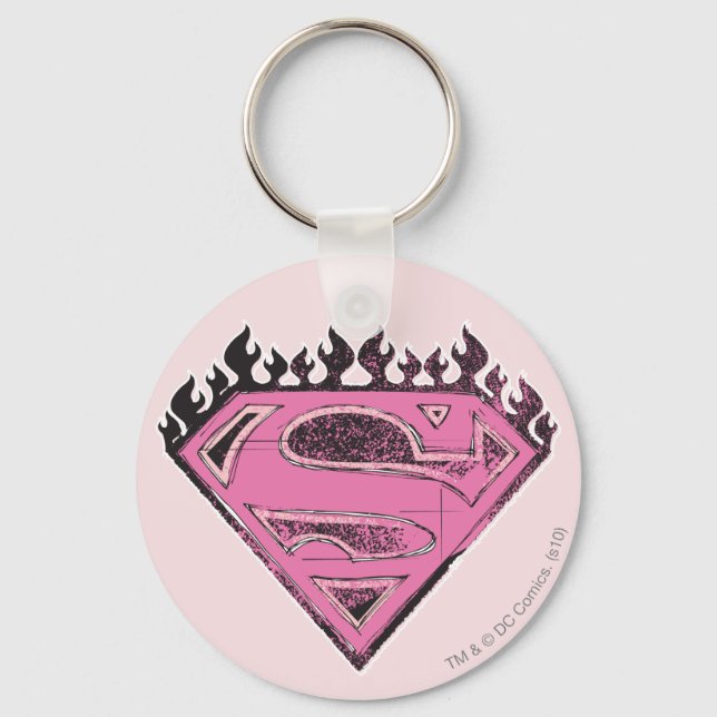 Supergirl Rosa Logotyp med Flames Nyckelring (Framsida)