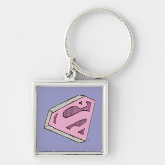 Supergirl Sketched Rosa Logotyp Fyrkantig Silverfärgad Nyckelring (Framsidan)
