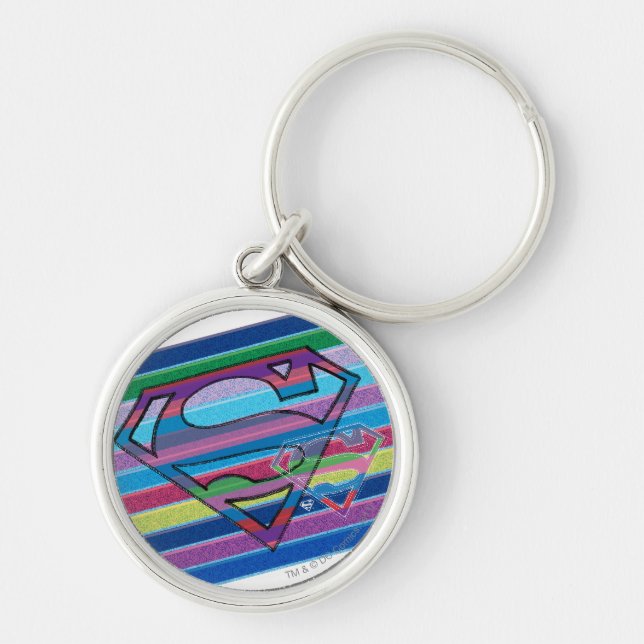 Supergirl Stripe Rainbow Logotyp Rund Silverfärgad Nyckelring (Framsidan)