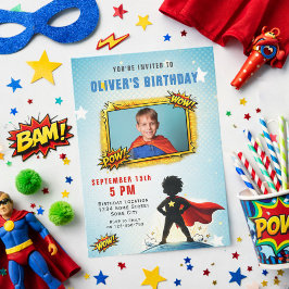 Superhero Cartoon Boy Photo Birthday Party  Inbjudningar