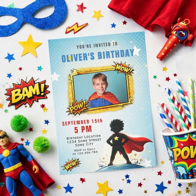 Superhero Cartoon Boy Photo Birthday Party  Inbjudningar (Skapare uppladdad)