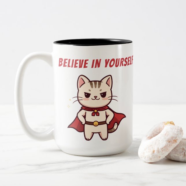 Superhero Cat Believe in Yourself Två-Tonad Mugg (Med munk)