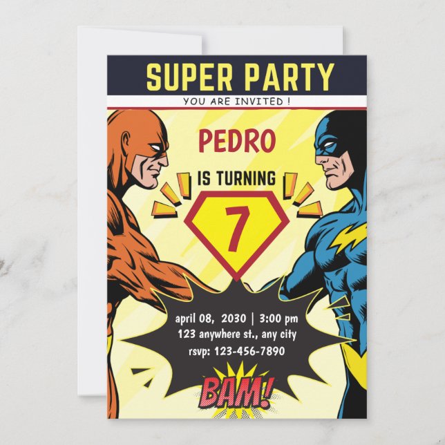 Superhero Comic Book Birthday Party Invitation Inbjudningar (Framsida)