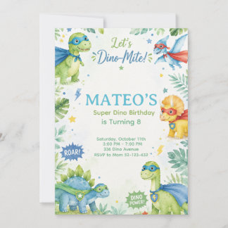 Superhero Dinosaur Watercolor Birthday Party Paste Inbjudningar