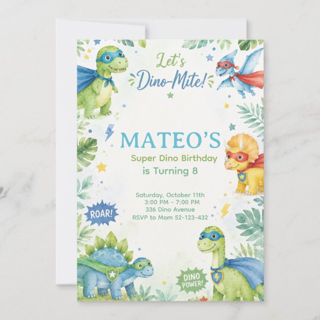 Superhero Dinosaur Watercolor Birthday Party Paste Inbjudningar (Framsida)