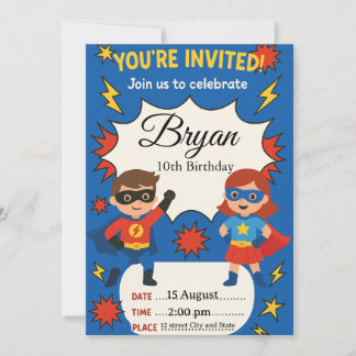 Superhero Kids Birthday Invitation | Comic Style B Inbjudningar