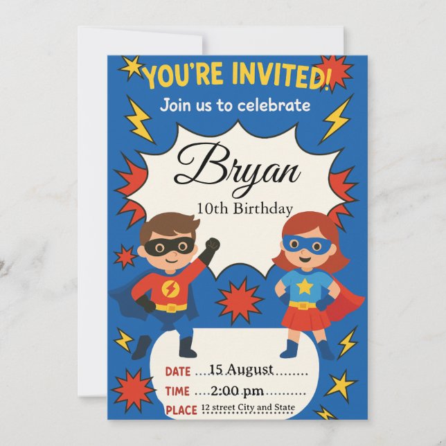 Superhero Kids Birthday Invitation | Comic Style B Inbjudningar (Framsida)