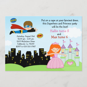Superhero och Princess födelsedagsfest inbjudan