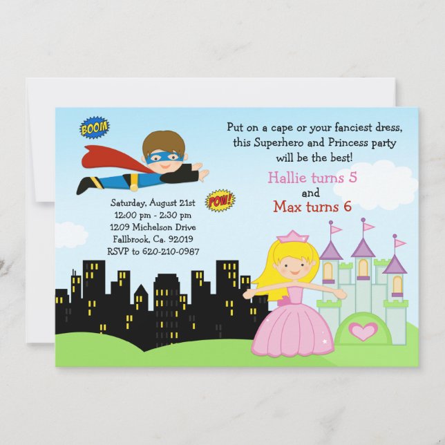 Superhero och Princess födelsedagsfest inbjudan (Framsida)