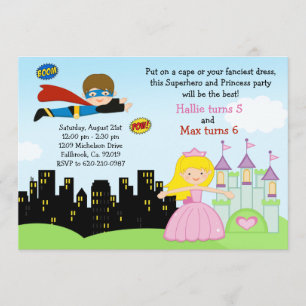 Superhero och Princess födelsedagsfest inbjudan