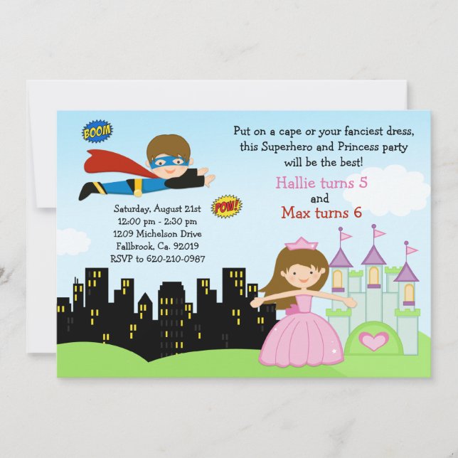 Superhero och Princess födelsedagsfest inbjudan (Framsida)