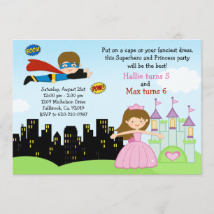 Superhero och Princess födelsedagsfest inbjudan
