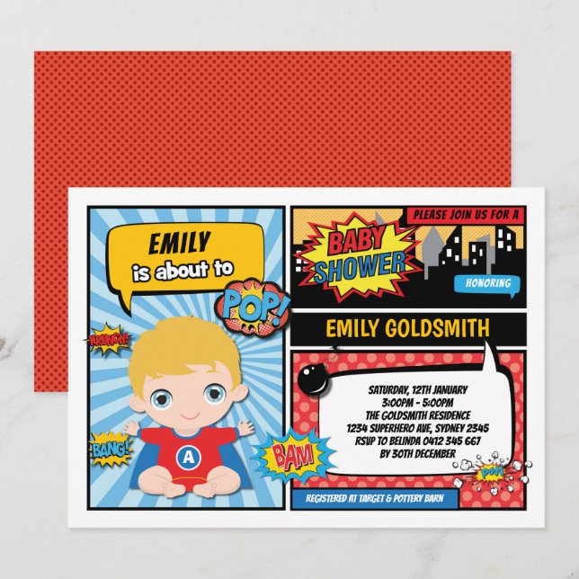 Superhero Pojke Shower/Tecknad Bok Blonde Hair Inbjudningar (Fram/baksida)