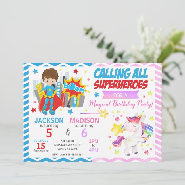 Superhero & Unicorn Joint Birthday Invitation Inbjudningar (Stående Fram)