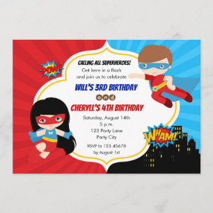Superheroes Birthday-inbjudningar (Twillingar Boy Inbjudningar