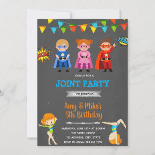 Superheroes gymnastisk joint party inbjudningar