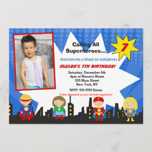 Superherofotofödelsedagsfest inbjudan