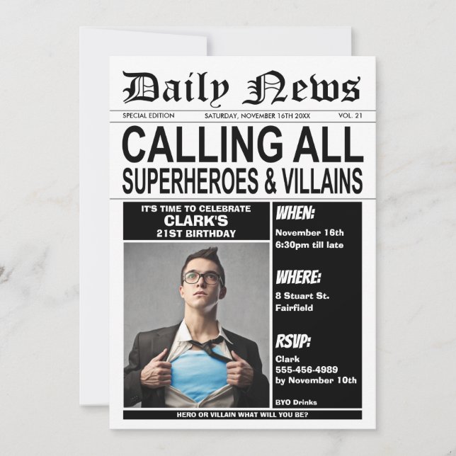 Superhjältar eller Födelsedagsfest i Villains Inbjudningar (Framsida)