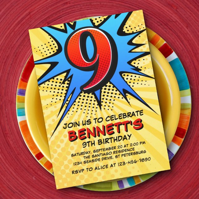 Superhjälte 9:e födelsedagsinbjudan inbjudningar (Skapare uppladdad)