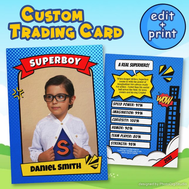 Superhjälte Anpassningsbar Tecknad Trading Card fo (Superhero Custom Comic Trading Card for Boy Gift)