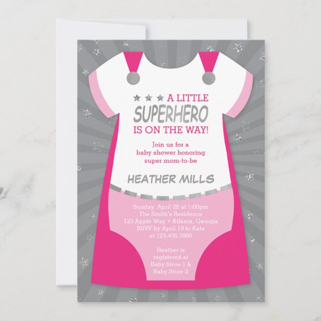 Superhjälte Baby Shower-inbjudan, Rosa, Silver Inv Inbjudningar (Framsida)