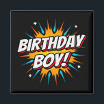 Superhjälte Birthday Boy Tecknads Roligt Kids Teck Magnet<br><div class="desc">Den här coola tecknaden är bok hjälte-födelsedagsdesignen perfekt för en superhjälte-födelsedagsfest. Underbar för pojkar i alla åldrar som kärlek tecknad bok superhjältar eller skurkar med supermakter! "Birthday Boy!" citerar grattis på födelsedagen i ett tecknad bok superhjälte-tema att toppen födelsedagspojken kommer att KÄRLEK!</div>