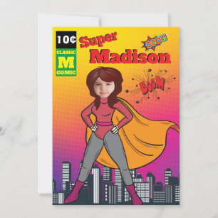 Superhjälte Birthday Girl Tecknad ⚡ Roligt Fab USA Inbjudningar