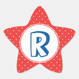 Superhjälte, blått polka, punktunge monogram stjärnformat klistermärke
