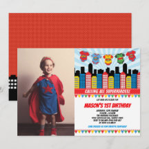 Superhjälte Boy 1st Birthday Cityscape Party Photo