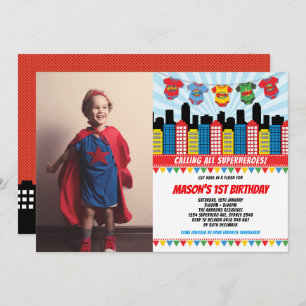 Superhjälte Boy 1st Birthday Cityscape Party Photo Inbjudningar