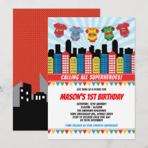 Superhjälte Boy 1st Birthday Cityscape Tecknad Par