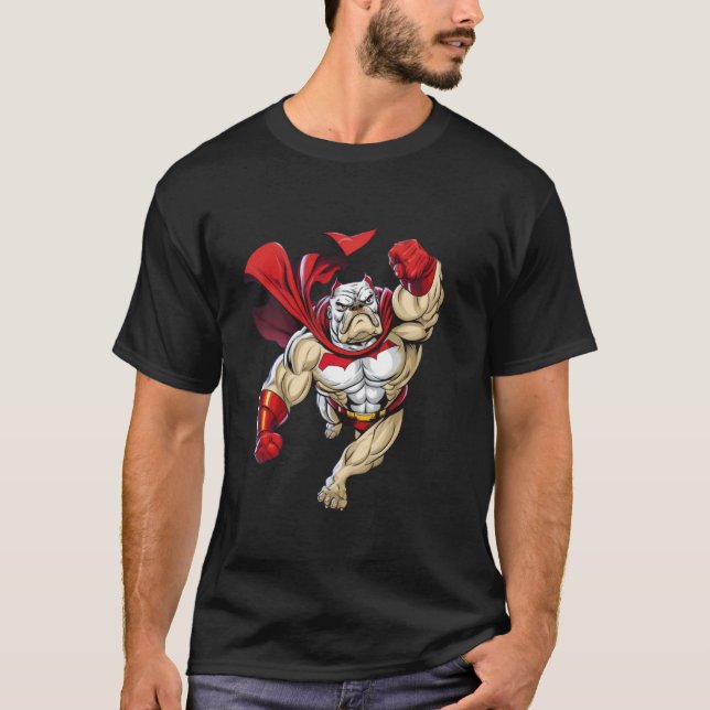 Superhjälte Bulldog Röda Cape Super Hjälte Hund T Shirt (Framsida)