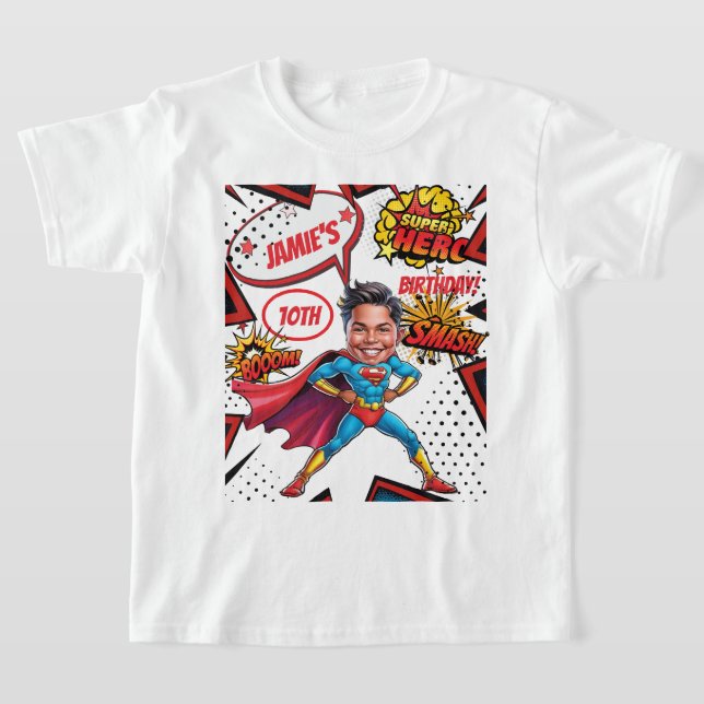 Superhjälte Caricature Action-Packed Boys Birthday T Shirt (Laydown)