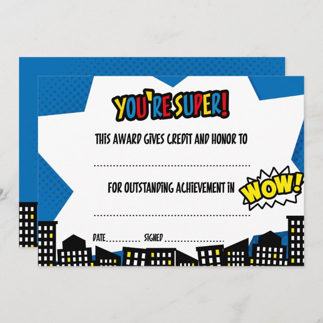 Superhjälte-certifikat, examensbevis inbjudningar (Fram/baksida)