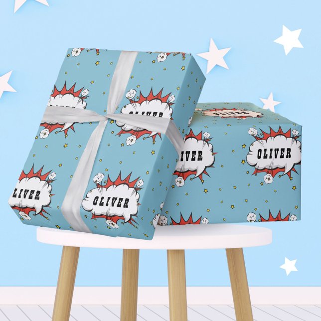 Superhjälte Comic Pratbubbla Pojke Namn Presentpapper (Skapare uppladdad)