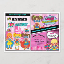 Superhjälte Flickor Birthday Girl Power Toppen Her Inbjudningar