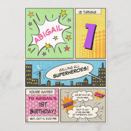 superhjälte födelsedag Tecknad Vintage flicka Inbjudningar