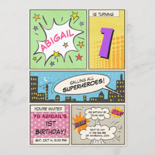 superhjälte födelsedag Tecknad Vintage flicka Inbjudningar