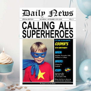 Superhjälte Födelsedagsfest Hero Boy Girl Photo Inbjudningar