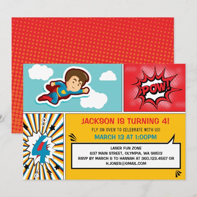 Superhjälte Födelsedagsfest inbjudan - Boy Färg (Fram/baksida)