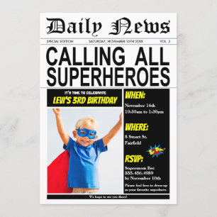 Superhjälte Födelsedagsfest Toppen Hero Boy Photo Inbjudningar