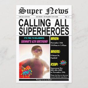 Superhjälte Födelsedagsfest Toppen Hero Girl Photo Inbjudningar
