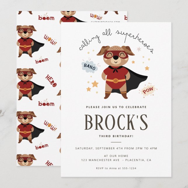 Superhjälte Hund Birthday Puppy Pawty Inbjudningar (Fram/baksida)